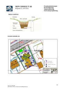 Situasjonsplan (overvannsplan) som viser tomtens plassering, grenser, naboeiendommer og infrastruktur.