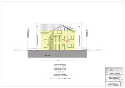 Tegning som viser fasaden mot nord for en toetasjes bygning, med oppgitt areal (77,12 m²) og detaljer om høyder og terrengforhold.