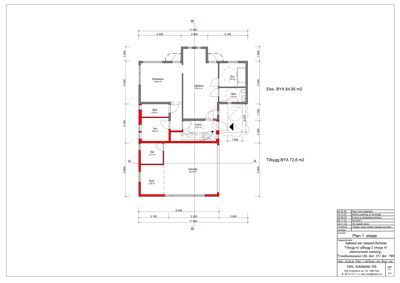 Etasjeplan som viser romfordeling, mål og areal for eksisterende og tilbygg.