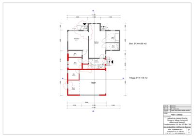 Etasjeplan (Plan U etasje) som viser romfordeling, dimensjoner og areal for eksisterende og tilbygg.
