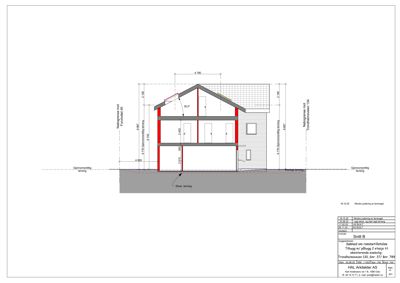 Snittegning (Snitt B) som viser tverrsnittet av en toetasjes bygning med mål, konstruksjonsdetaljer og grunnplan.