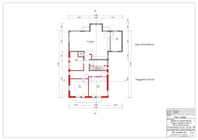 Etasjeplan (1. etasje) som viser romfordeling, dimensjoner og endringer i en byggesak.
