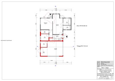 Etasjeplan (Plan 1. etasje) som viser romfordeling, mål og endringer i en byggesak.