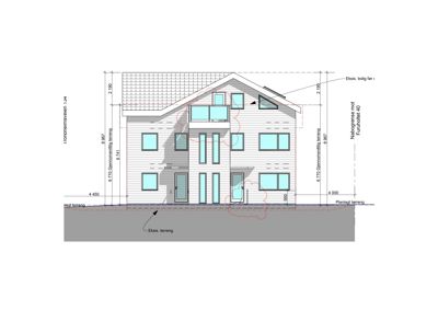 Fasadetegning som viser bygningens utseende fra fronten, inkludert vinduer, dører, takform og høydemål.