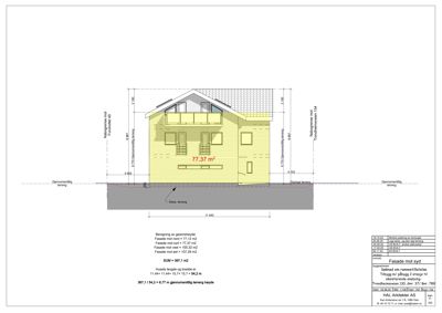 Fasadetegning av en bygning sett fra sør, med mål, arealberegning og teknisk informasjon.