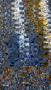 Fotografi av et nedløpsrør eller avløpslokk i grus med løv.