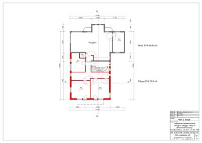 Etasjeplan som viser romfordeling, dimensjoner og areal for eksisterende og nytt tilbygg.