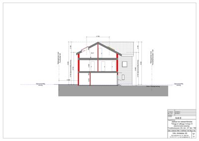 Snittegning som viser bygningens tverrsnitt, høyder, takhøyde og forhold til naboeiendom.