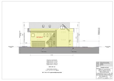Fasadetegning (opprikk) av en bygning sett fra øst, med mål og beregninger for fasadeflater.