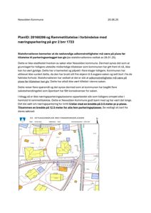 Situasjonsplan som viser plassering av parkeringsplasser i forhold til eksisterende bygninger og veier.