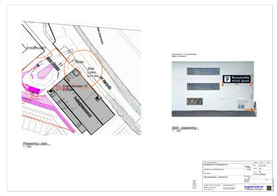 Situasjonsplan som viser plassering av bygningene (parkongshus, sykehus) i forhold til veier (Rv94, Kransvikveien) og eiendomsgrenser.