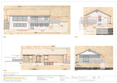 Fasadetegning som viser utsiden av en bygning fra fire sider (SØR, AUST, NORD, VEST) med mål og detaljer.