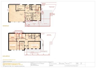 Bildet viser en hovedplan og en kjellerplan for en fasadeendring av en eksisterende bostad.