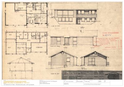 Fasadetegning med oppriss av en bygning sett fra utsiden, inkludert detaljer om vinduer og takform.