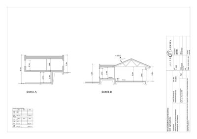 Tegning som viser tverrsnitt (Snitt A-A og Snitt B-B) av en bygning med mål og konstruksjonsdetaljer.