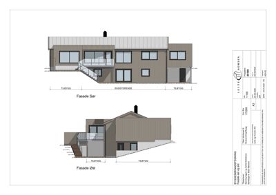 Fasadeopprikk som viser bygningens utseende fra sør og øst, inkludert eksisterende og tilbygg.