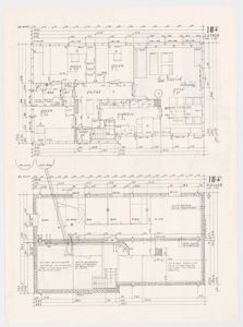 Plantegning som viser romfordeling og dimensjoner for 1. etasje og kjeller i en bygning.