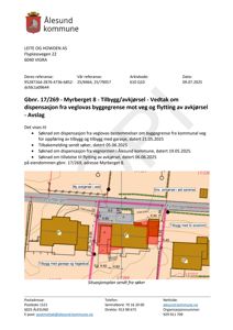 Situasjonsplan som viser eiendommen Gbnr. 17/269, Myrberget 8, med angitte bygninger, veggrenser og avkjørsler.