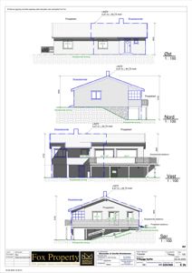 Bildet viser fire fasadetegninger (Øst, Nord, Vest, Sør) av en hytte med mål og tegninger for både eksisterende og prosjektert deler.