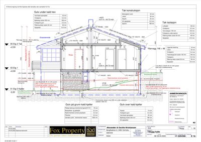 Snittegning som viser detaljert oppbygning av gulvkonstruksjoner (kald kjeller, varm kjeller, tak) og veggkonstruksjoner med spesifikke materialtykkelser og mål.
