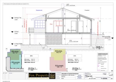 Snittegning som viser tverrsnitt av en hytte med eksisterende og prosjektert tilstand.