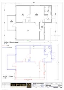 Etasjeplan for 1. etasje (E 1) som viser romfordeling, mål og areal for stue, soverom, kjøkken, bad og veranda.