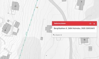Kart med topografi, eiendomsgrenser og en søkefunn-boks for en adresse.