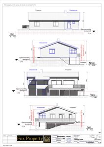 Fasadetegning som viser bygningens utseende sett fra fire sider (Øst, Nord, Vest, Sør) med mål og høydeforskjeller.