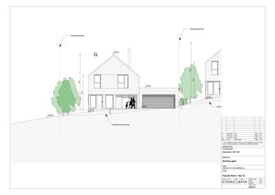 Fasadetegning (opprikk) av huset sett fra nord, med høydemål og terrengforhold.