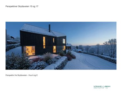 Fotografi av en planlagt eller ferdig bygning (hus) i snø, sett fra en vinkel som viser fasade og omgivelser.