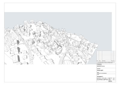 Perspektivtegning (rendering) som viser etasjeplaner og bygninger i et område.