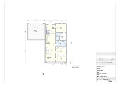 Etasjeplan (G) som viser romfordeling, arealer og dimensjoner for et hus.