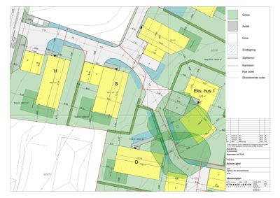 Situasjonsplan som viser tomtedeling, eksisterende og nye bebyggelser, samt veg- og arealbruk.