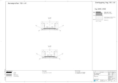 Tegning som viser normalprofiler (tverrsnitt) for vegkonstruksjon med detaljerte mål og materialer.