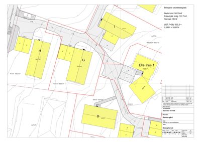 Situasjonsplan som viser tomtene, bygninger, veier og beregnet utnyttelsesgrad for et område.