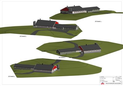Bildet viser fire 3D-visualiseringer (renderinger) av en bygning sett fra ulike vinkler, med omgivelsene inkludert.