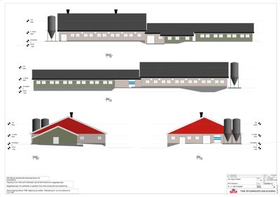 Fasadetegning med utsnitt av bygning sett fra fire sider (Nord, Sør, Vest, Øst) med høydeangivelser.