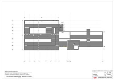 Etasjeplan eller plantegning som viser romfordeling og veggposisjon i en bygning.