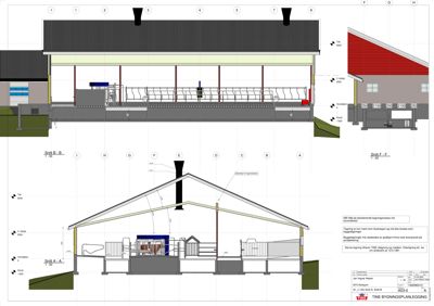 Bildet viser to snittegninger (Snitt A-A og Snitt F-F) av en bygning, som illustrerer tverrsnittet gjennom konstruksjonen.