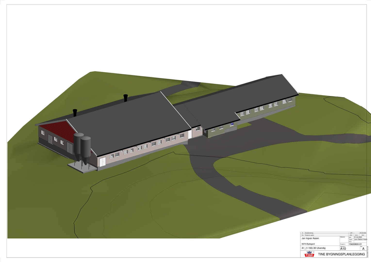 3D-visualisering av et planlagt bygg med omgivelsene.