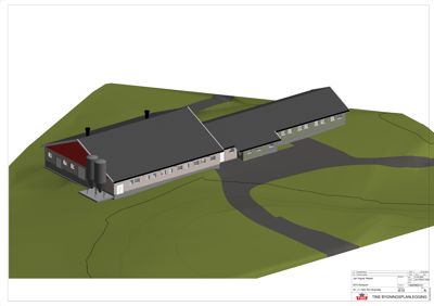 3D-visualisering av et planlagt bygg med omgivelsene.