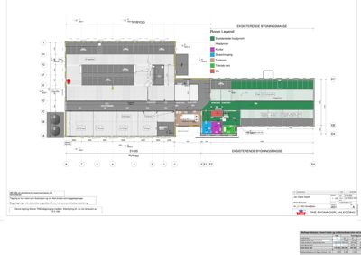 Etasjeplan som viser romfordeling, nybygging og eksisterende bygningsmasse.