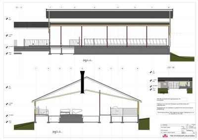 Snittegning som viser tverrsnittet av en bygning med tak, vegger og innvendig struktur.