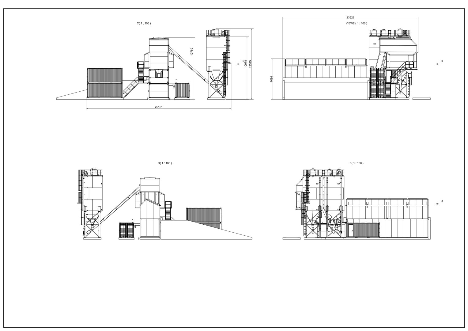 Fasadetegning som viser bygningens ytre profil og dimensjoner fra ulike vinkler.