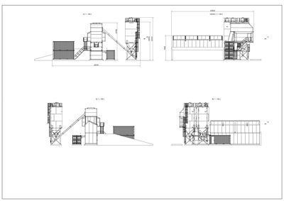 Fasadetegning som viser bygningens ytre profil og dimensjoner fra ulike vinkler.