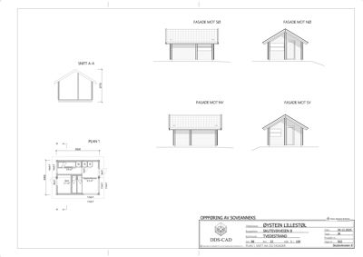 Tegning som viser fasader (mot SØ, NØ, NV, SV), snitt (A-A) og etasjeplan for en garasje.