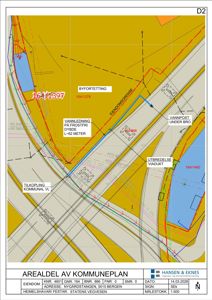 Kart over eiendom med arealdel av kommuneplan, vannledninger og infrastruktur