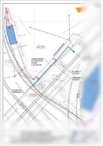 Situasjonskart som viser eiendomsforhold, vannledninger, eiendomsgrenser og infrastruktur i området.