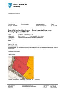 Situasjonsplan som viser regulering av et område til offentlig bygningsareal (O6 - Ballplass) med overlappende farger for ulike arealer.