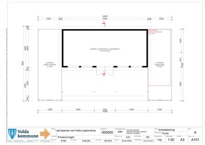 Etasjeplan som viser plassering av containerer og et arbeids-/undervisingsrom i et læringssenter.